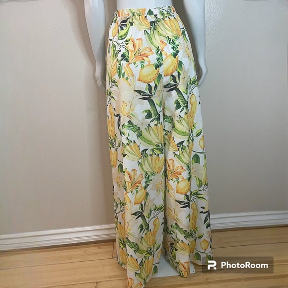 Yellow green cold shoulder smocked top high waisted wide leg pants set - Picture 3 of 12